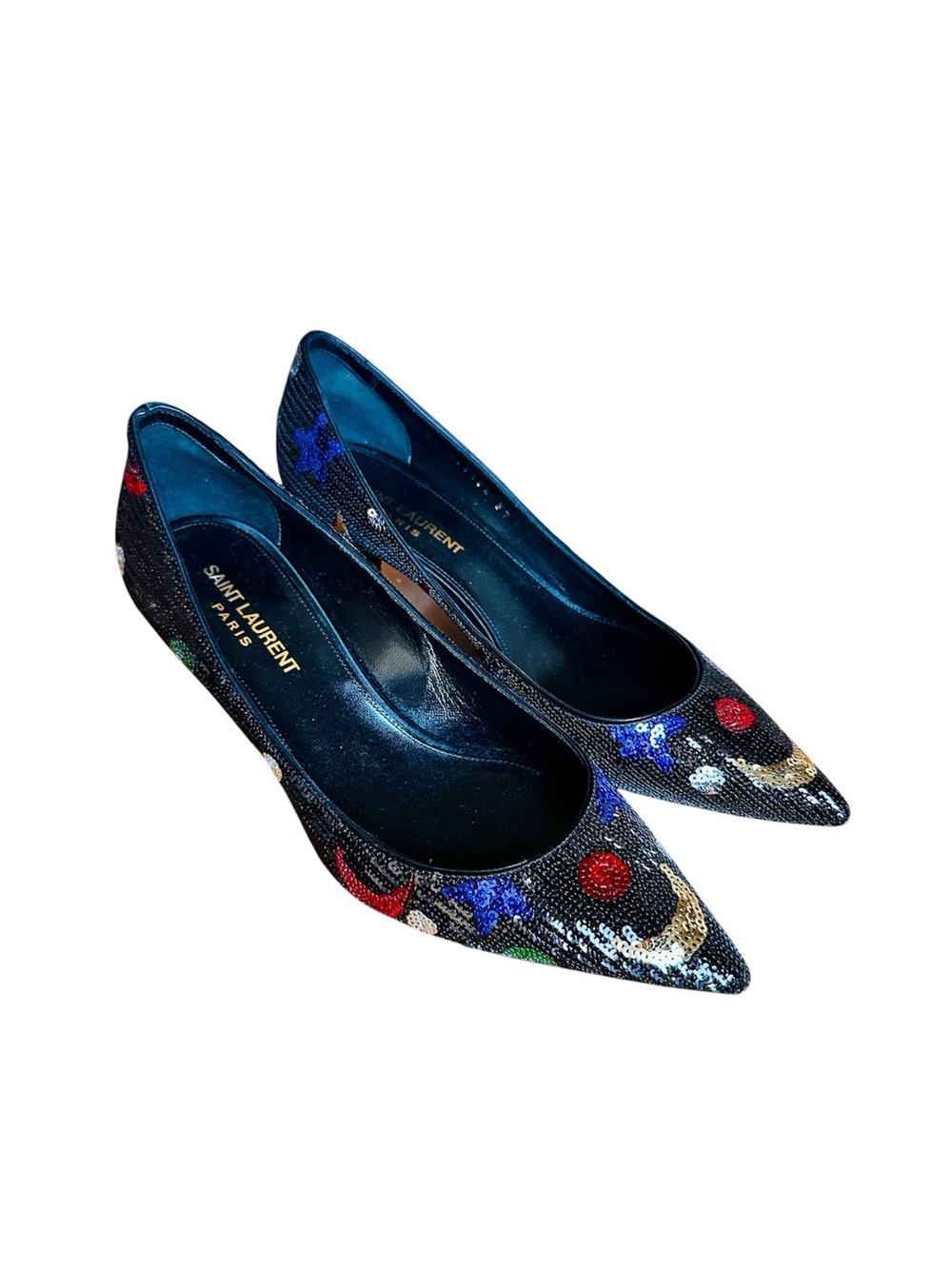 YSL Black Palace Sequined Pointed Toe Pumps with Embroidery EU37D (wide) - Picture 2 of 10